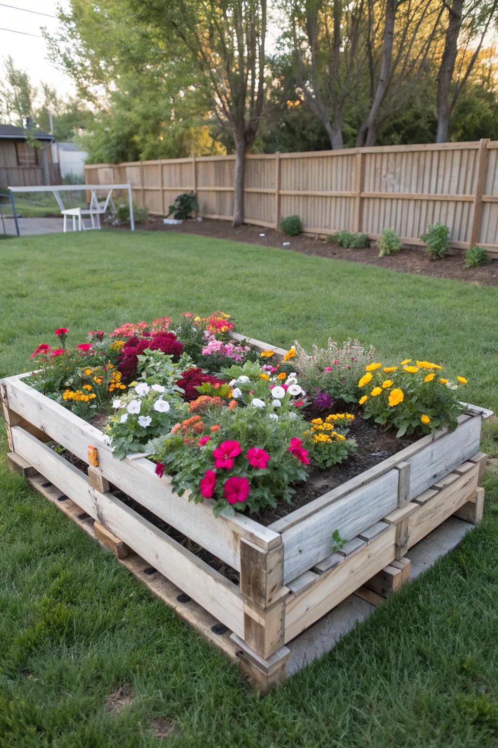 Turn a pallet into a rustic flower bed.