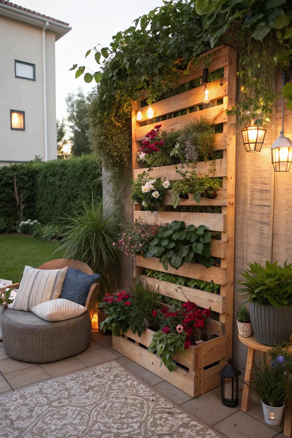 Enhance privacy with a pallet screen filled with plants.