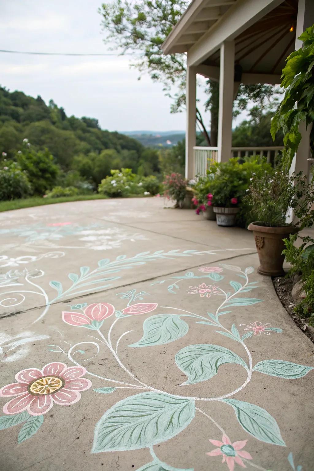 A concrete patio featuring intricate floral designs painted in soft colors.