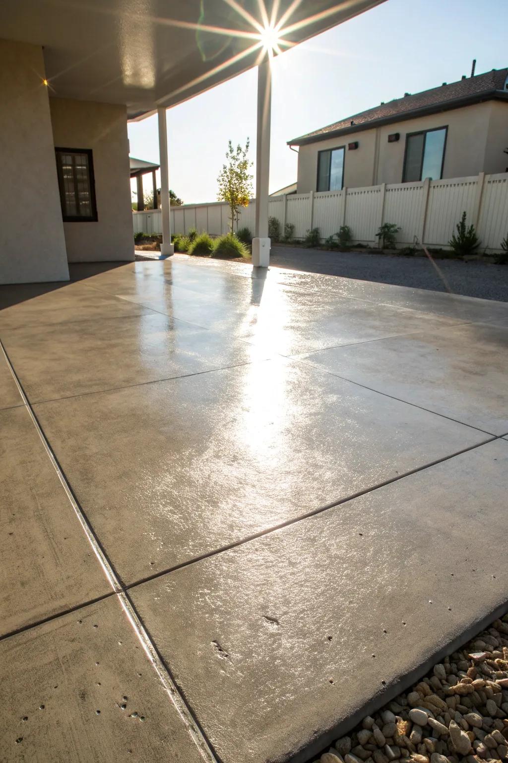 A concrete patio glistening with a high gloss finish under the sunlight.