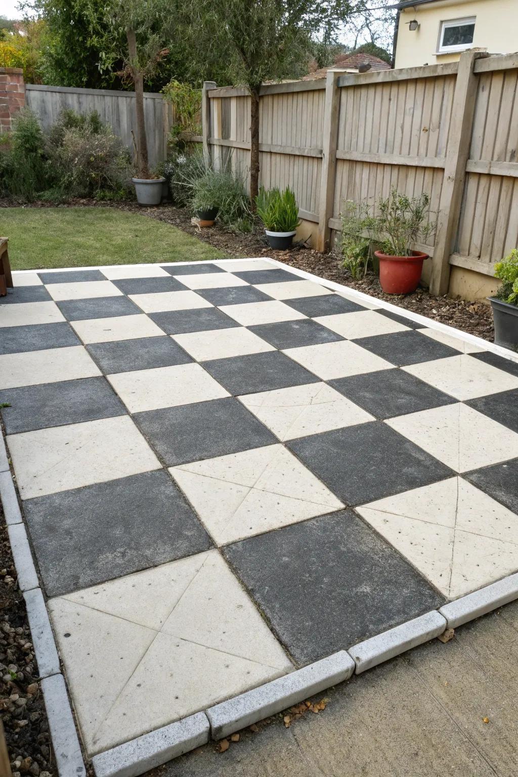 A concrete patio showcasing a black and white checkerboard pattern.
