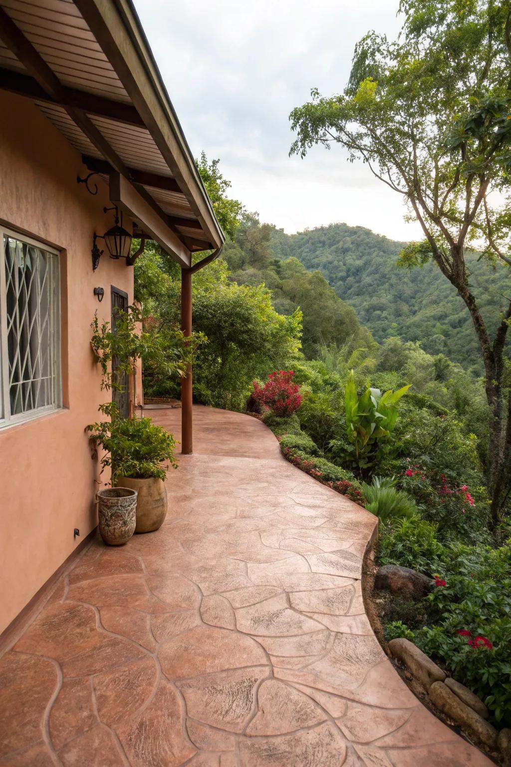 A concrete patio in earthy tones, harmonizing with the surrounding greenery.