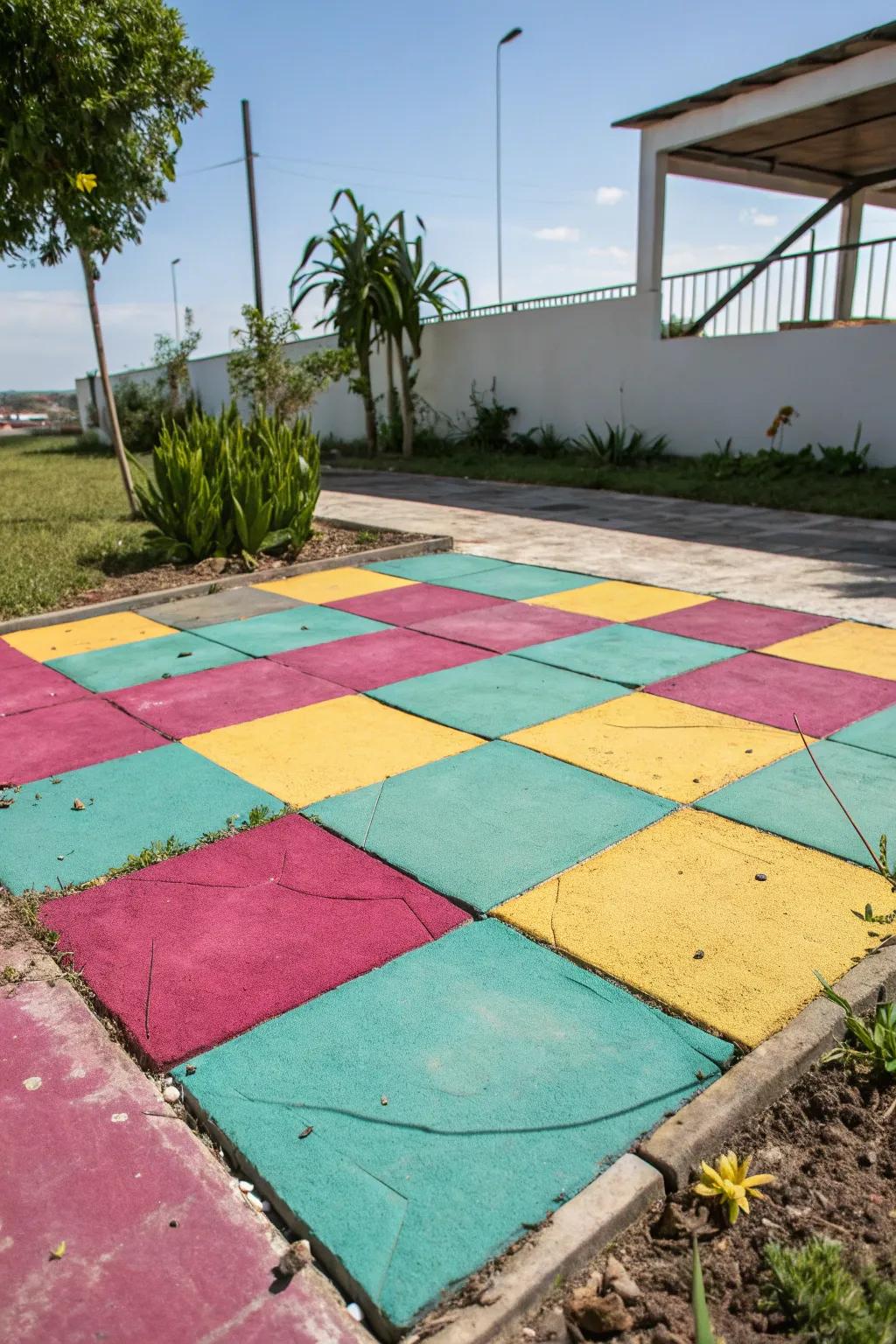 A concrete patio with bold color block sections in bright hues.