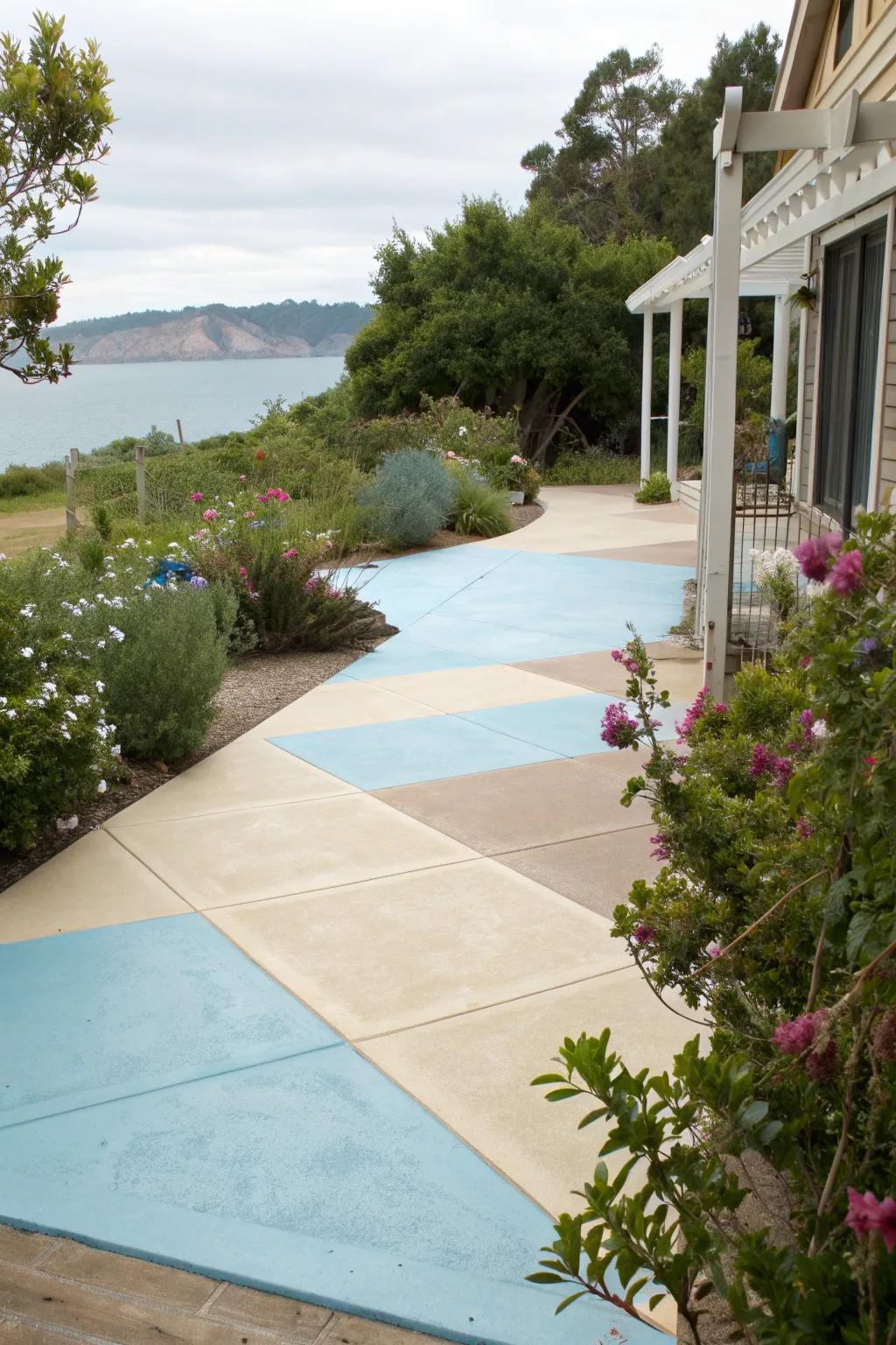 A concrete patio painted in seaside shades of blue and sandy beige.