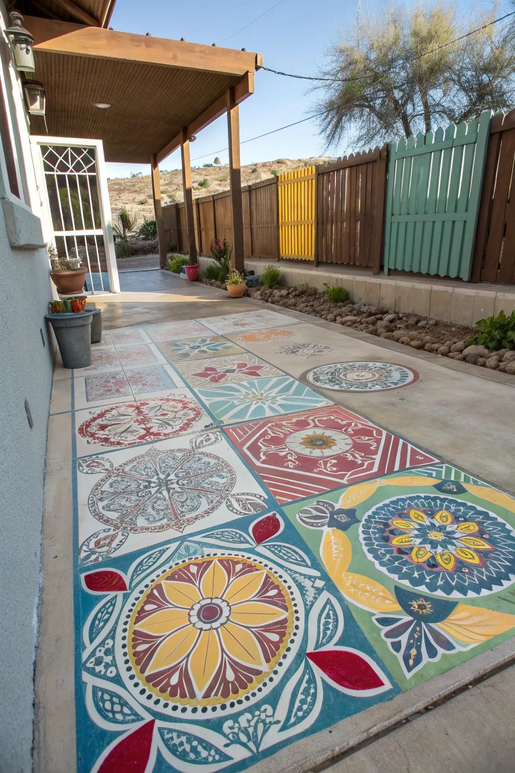A concrete patio with mosaic-inspired painted patterns.