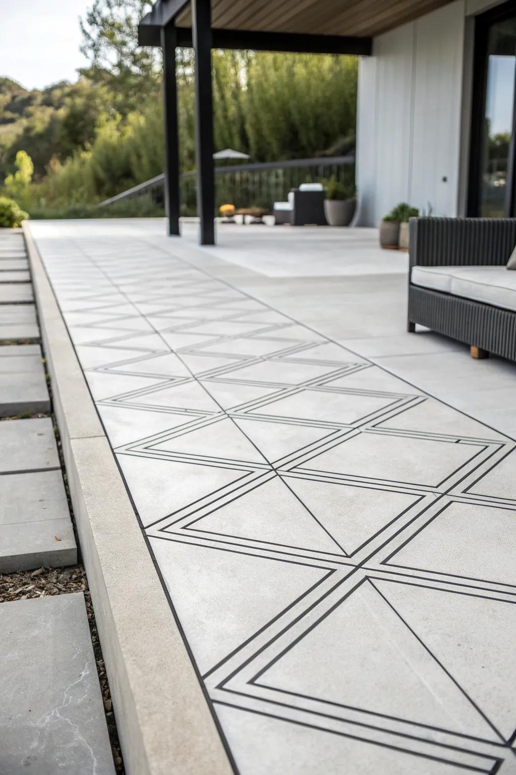 A concrete patio with minimalist line patterns in monochrome.