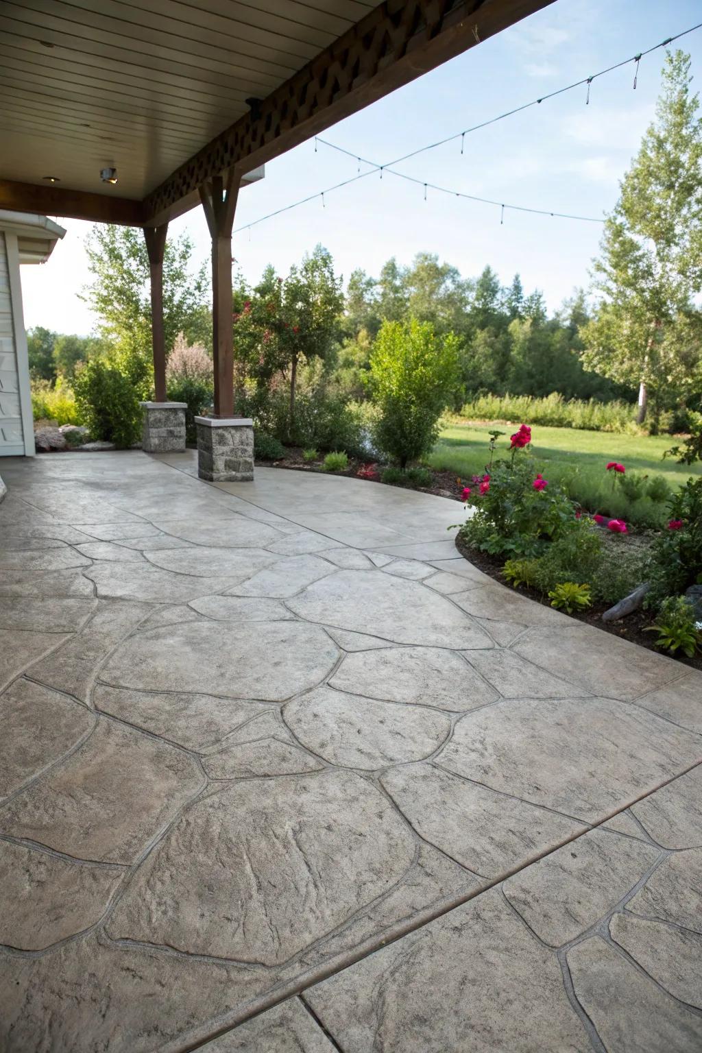 A concrete patio with a faux stone painted finish.