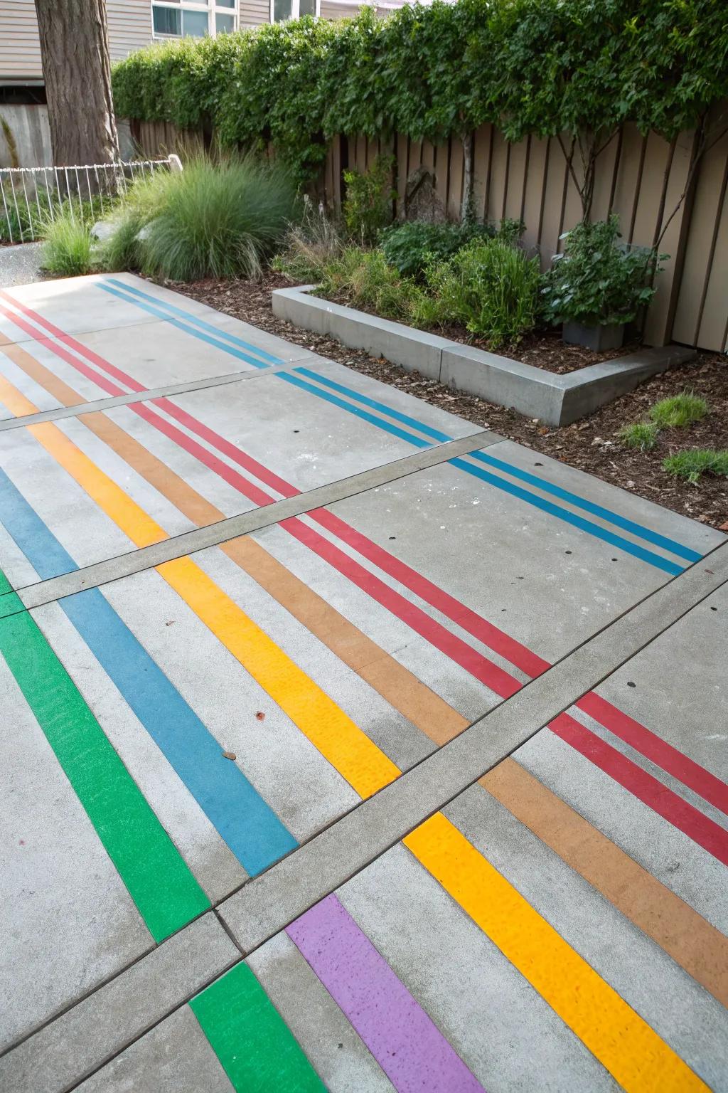 A concrete patio with vibrant stripes in multiple colors.