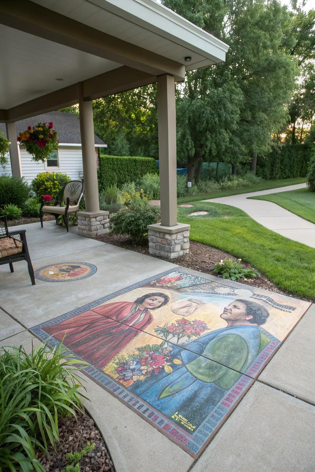 A concrete patio with a custom mural depicting a personal story.