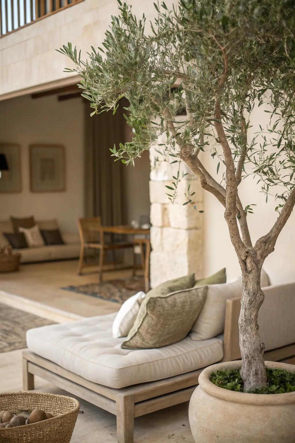 Neutral tones enhance the calming presence of an olive tree.
