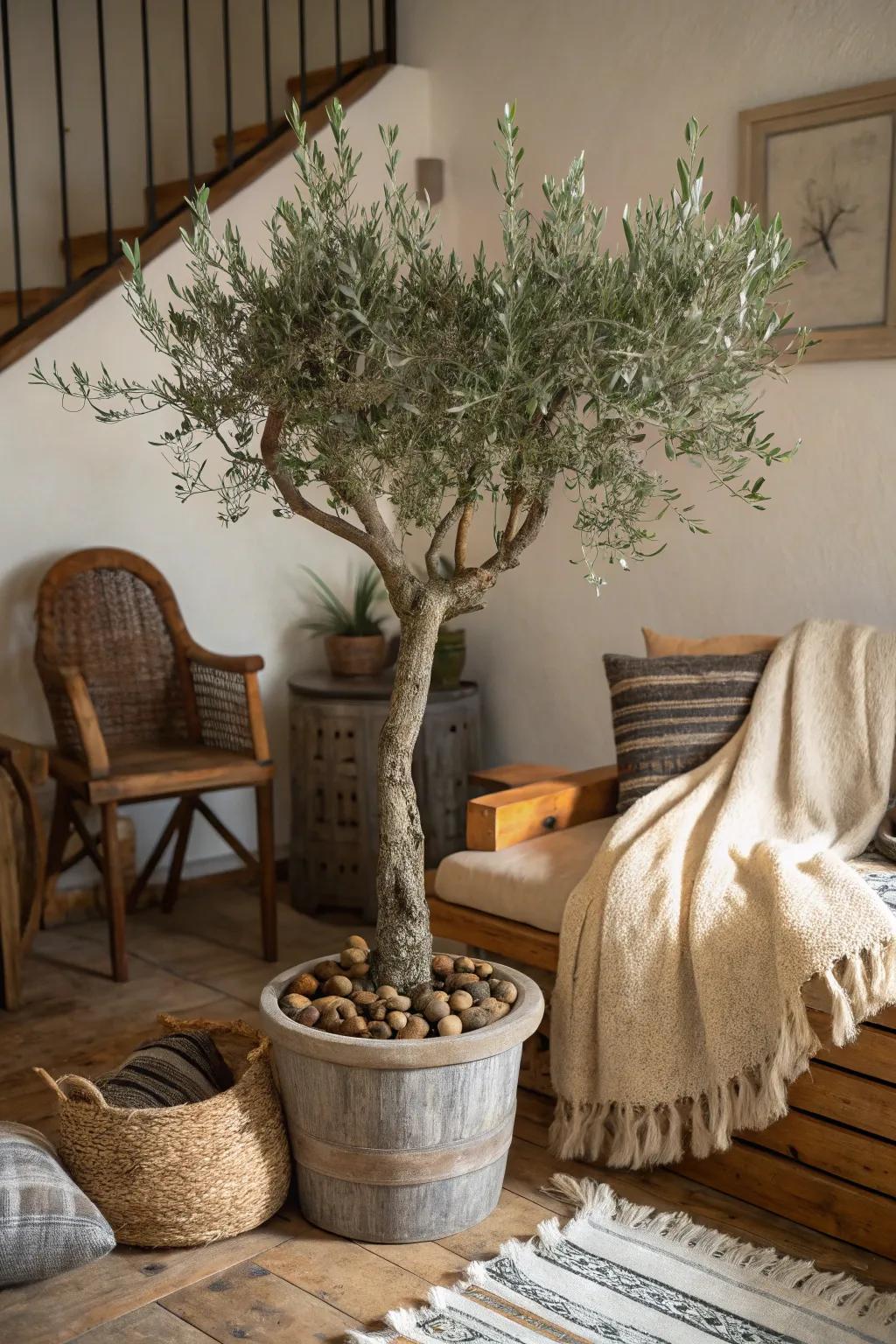 Layered textures complement the natural beauty of an olive tree.