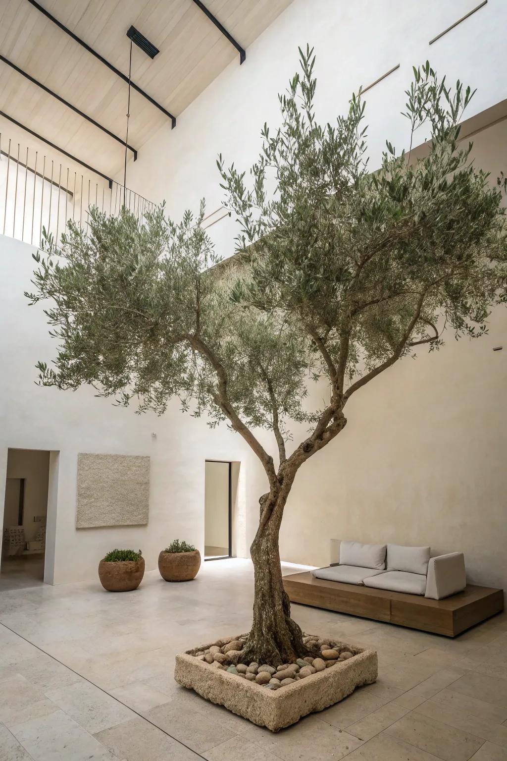 Minimalist decor accentuates the elegance of an olive tree.
