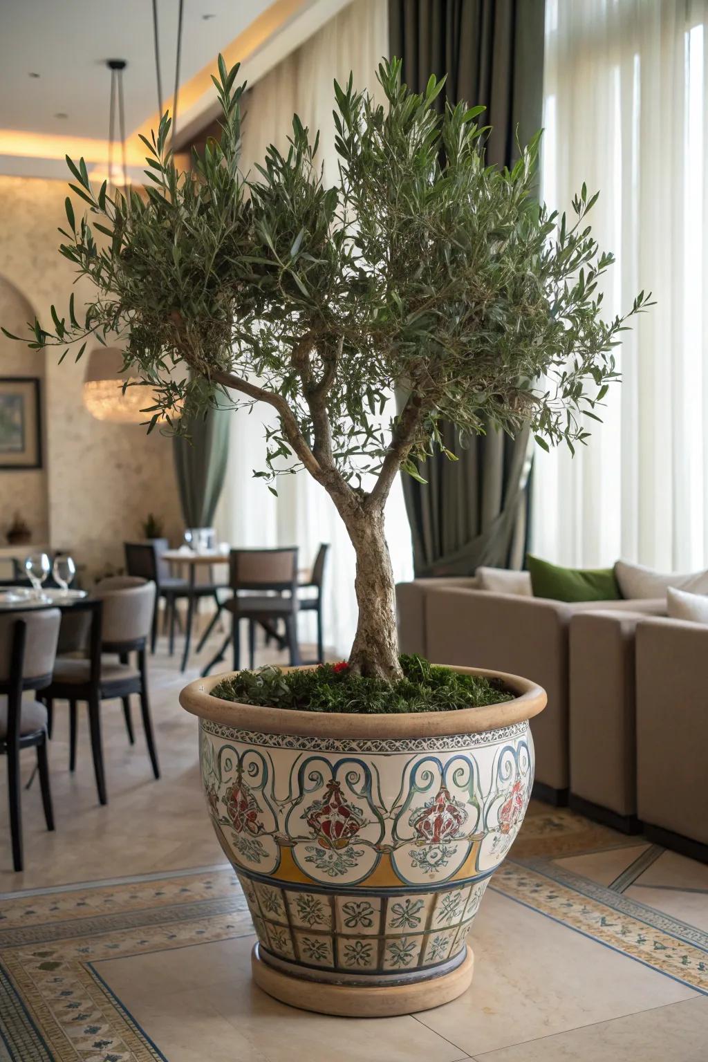 Decorative planters enhance the style of an olive tree.
