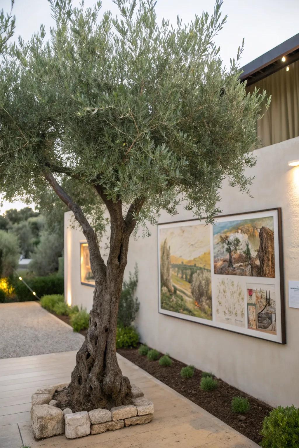 Art and nature blend harmoniously with an olive tree.