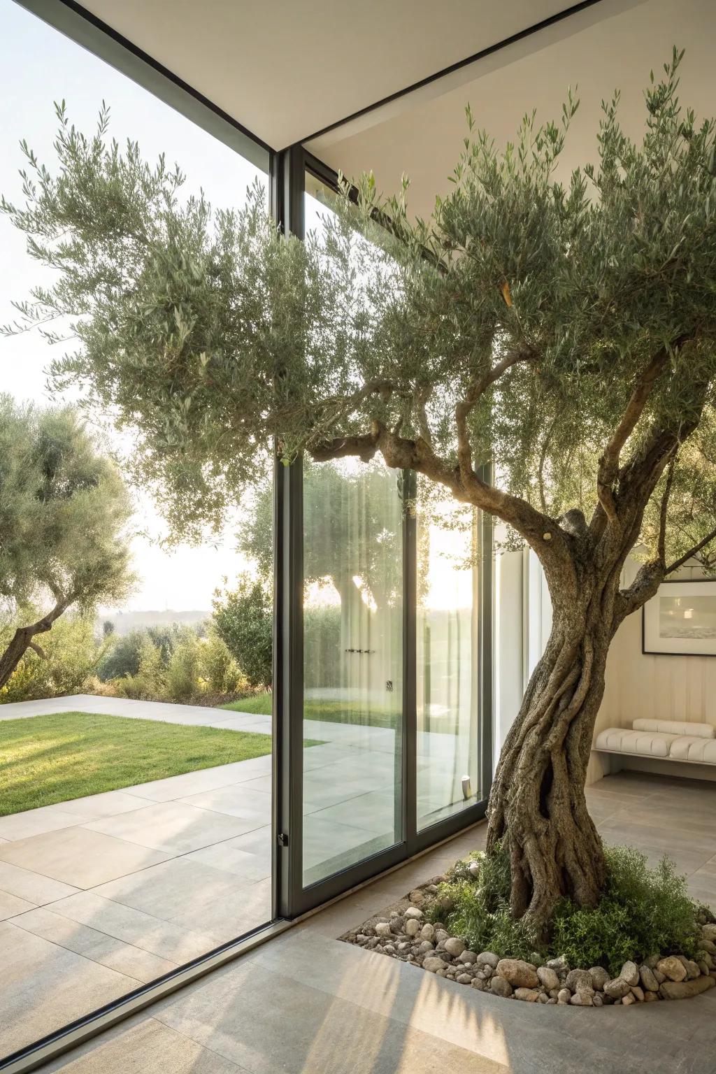 A seamless indoor-outdoor flow with an olive tree.