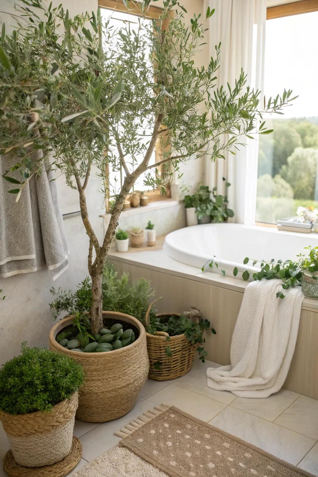 A spa-like sanctuary with an olive tree and eucalyptus.