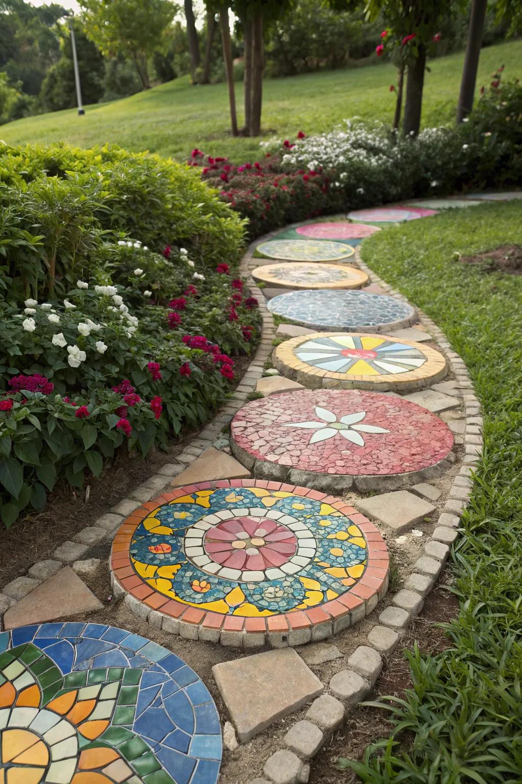 Vibrant mosaic stepping stones add a pop of color to the garden.