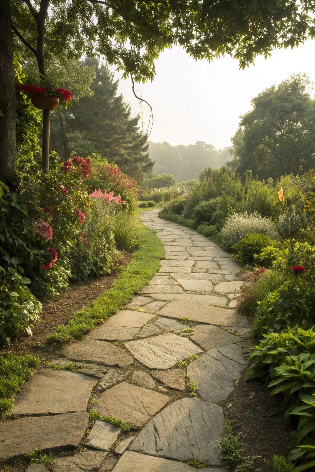A rustic flagstone pathway weaving through a lush garden.