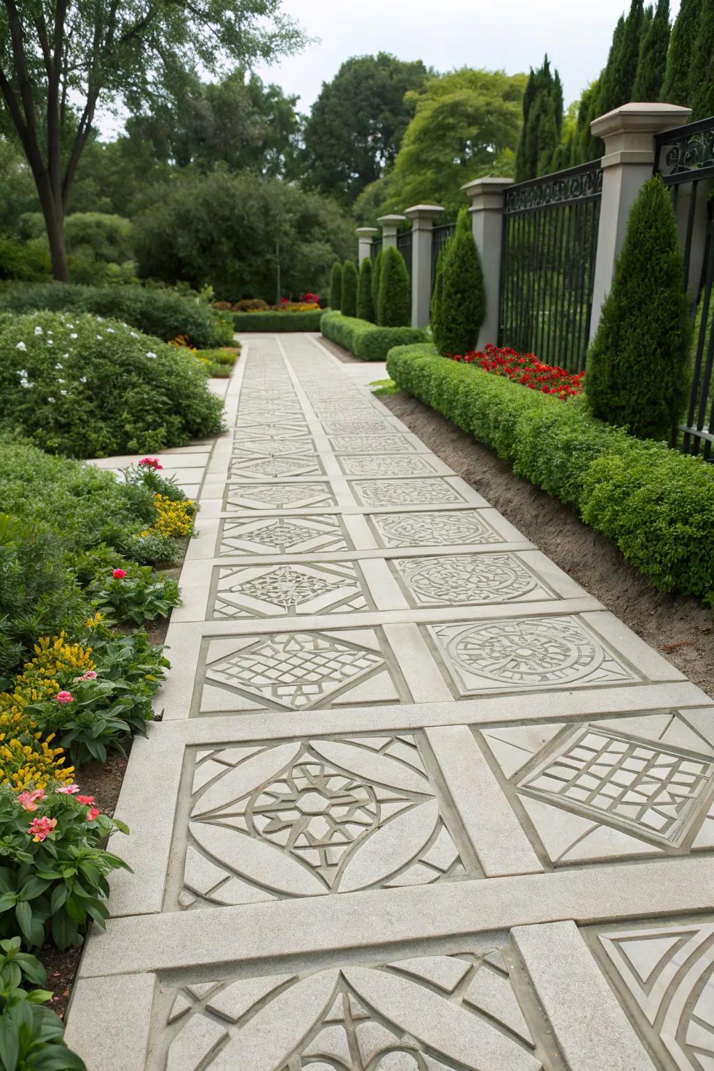Concrete pavers with stylish patterns add a modern touch.