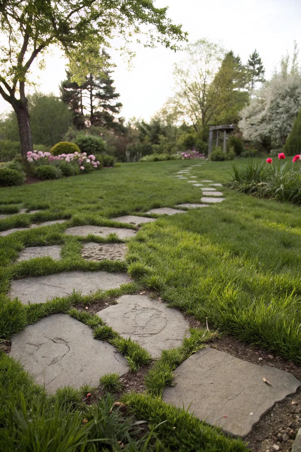 Grass inlays between stones create a harmonious blend of green and gray.