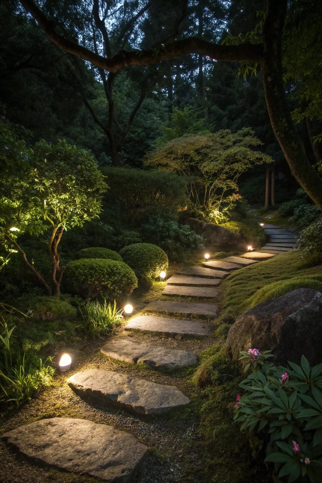 Glow-in-the-dark stones illuminate the garden path at night.
