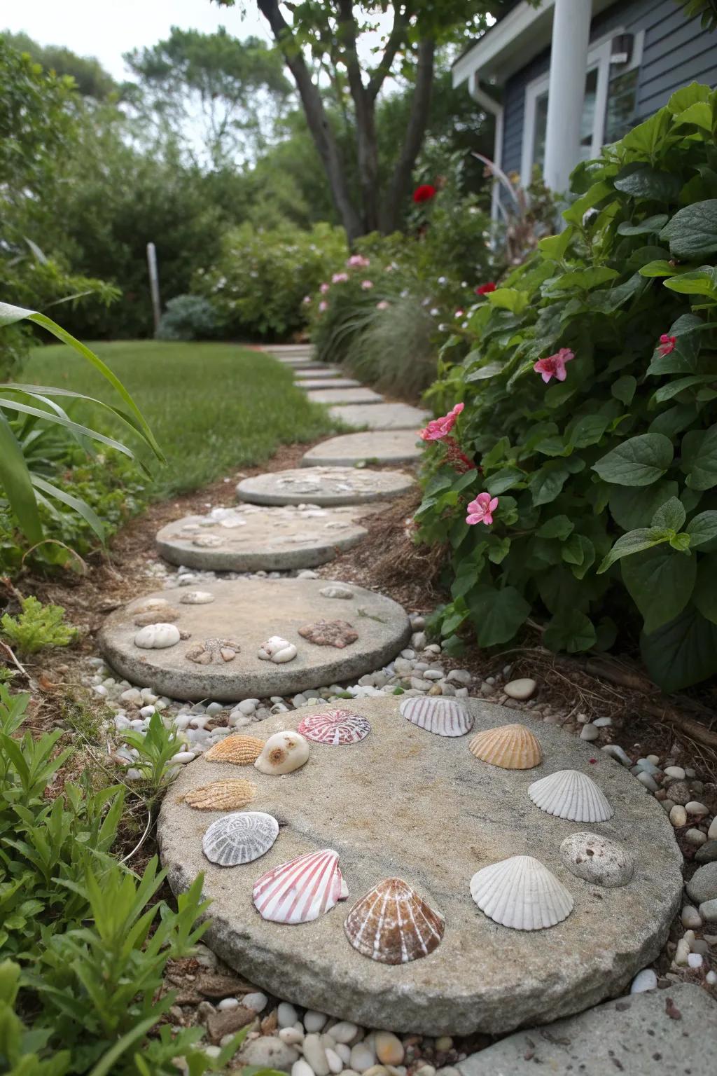 Seashell-embedded stones bring a beachy feel to the pathway.