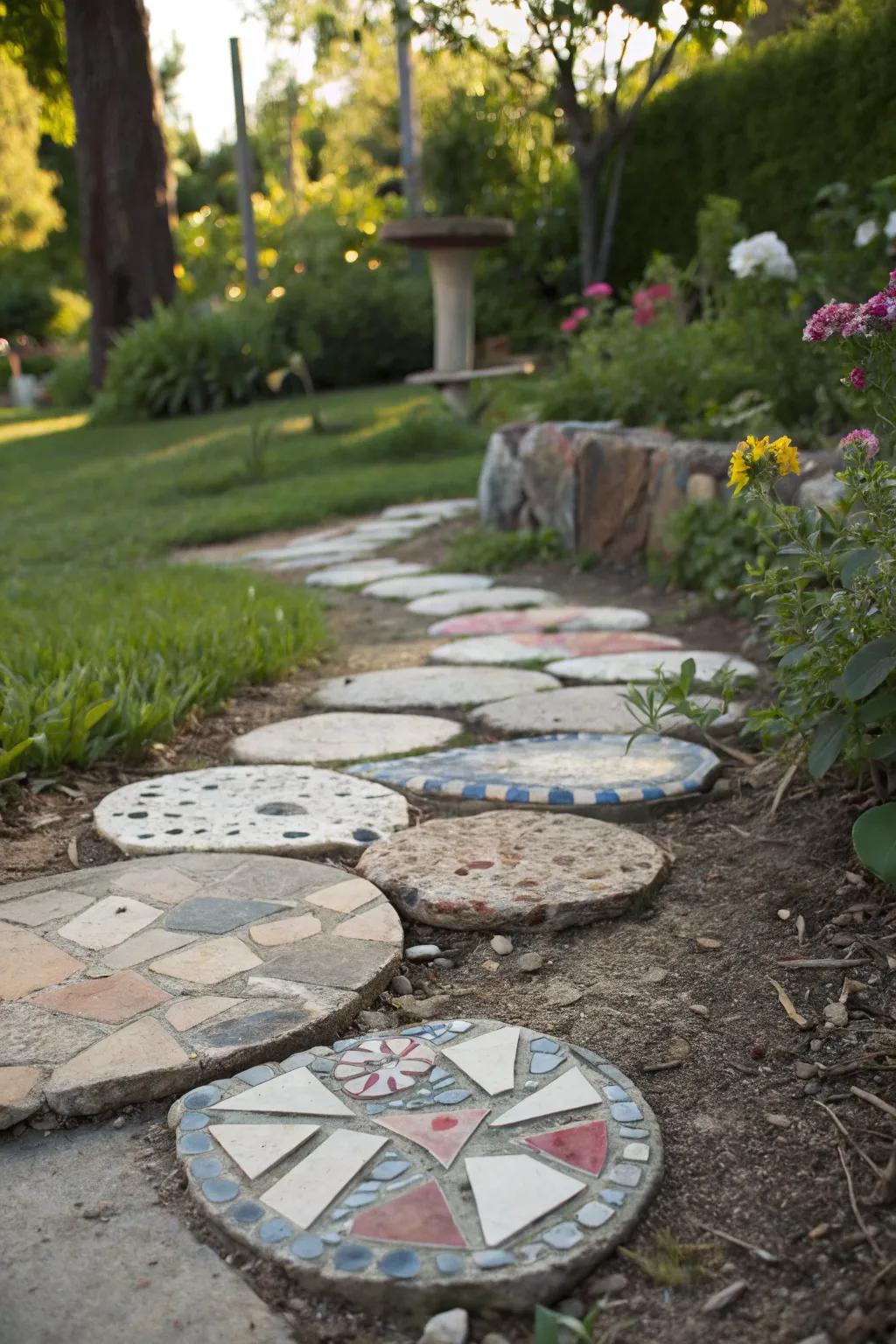 Artistic stepping stones crafted from broken pottery pieces.