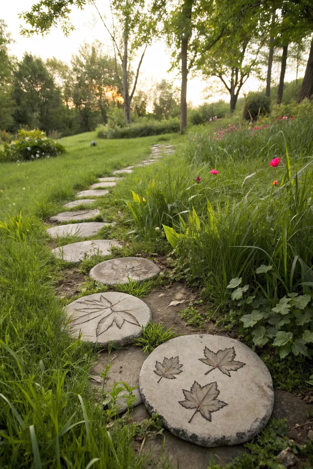 Leaf-printed stones bring a touch of nature to the garden walkway.