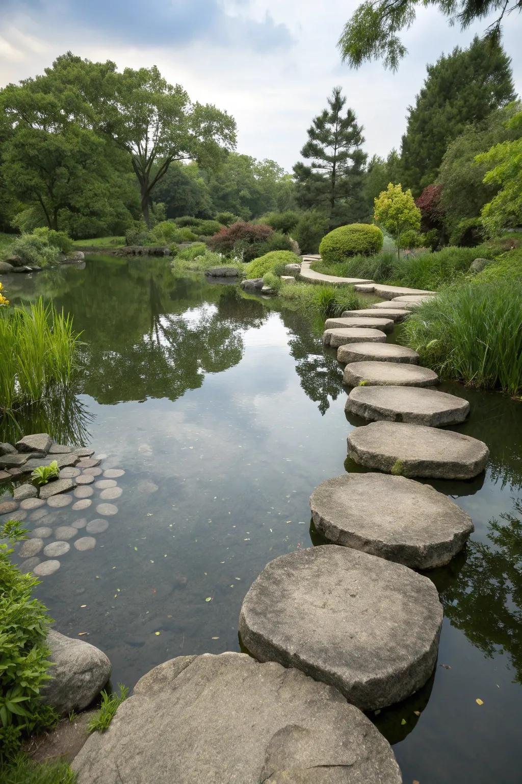 Floating stones over water create an enchanting garden feature.