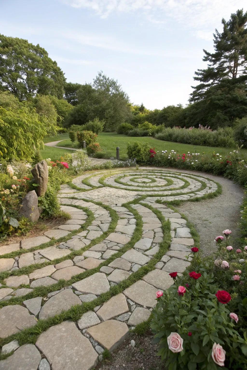 Circular stone patterns create a playful and dynamic path.