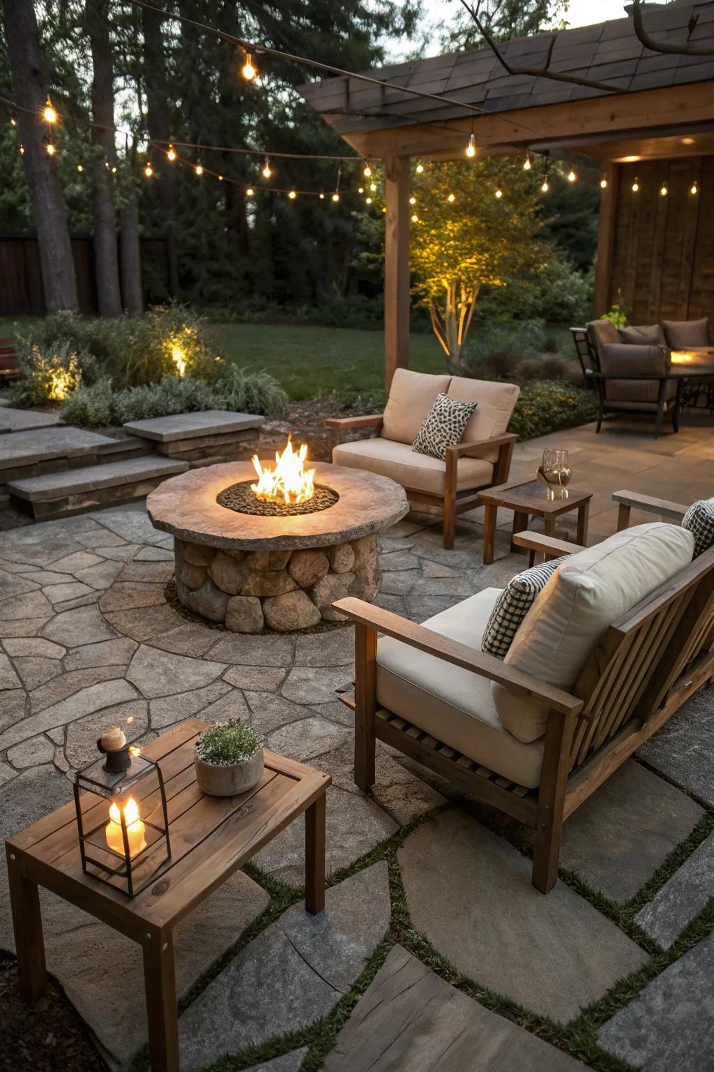 Create a cozy fire pit area with suitable flooring.