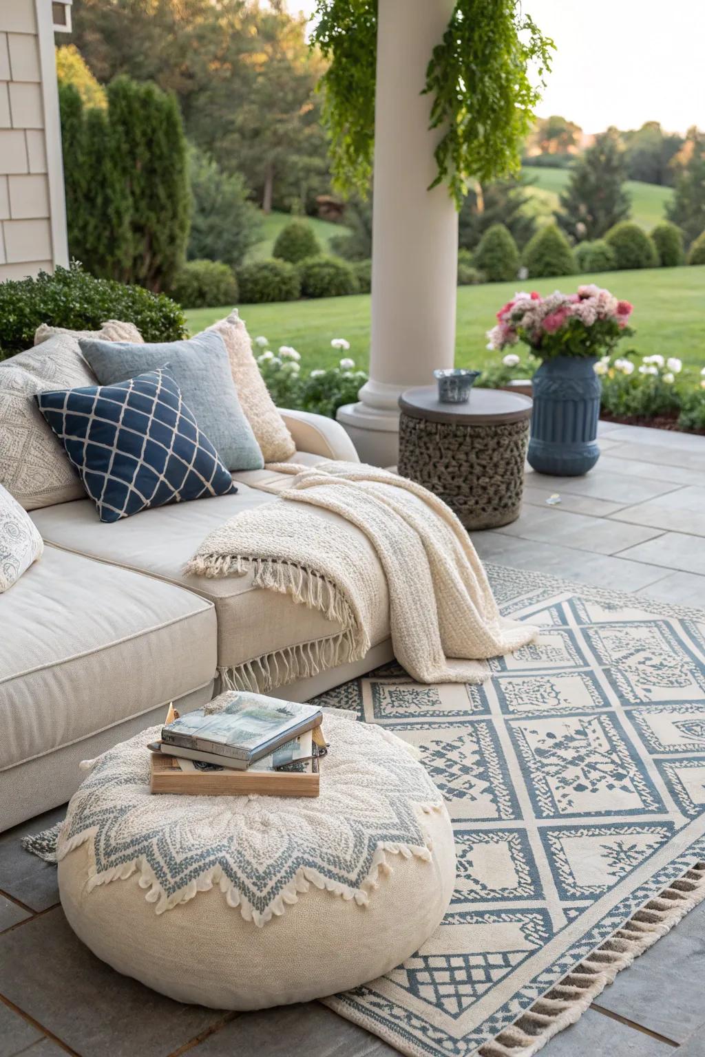 Outdoor carpets add comfort and style to patios.