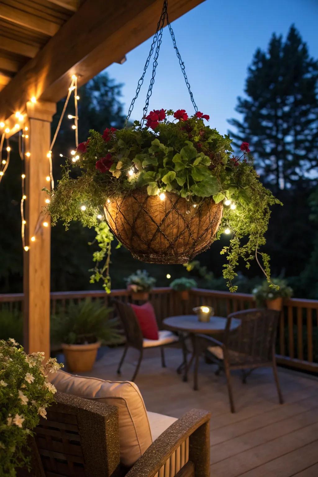 Fairy lights transform baskets into enchanting nighttime features.