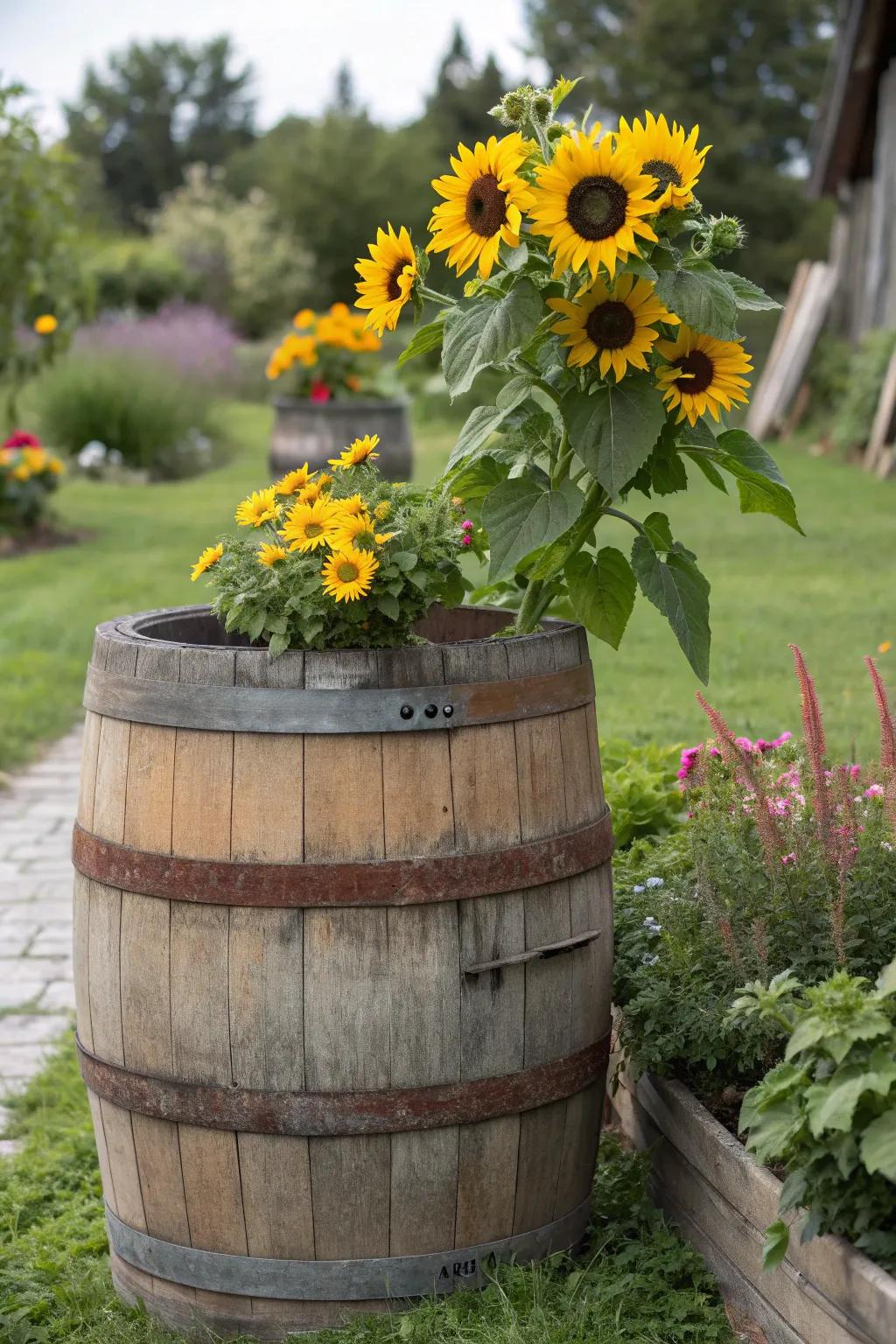 Rustic wooden barrels make perfect planters for sunflowers.