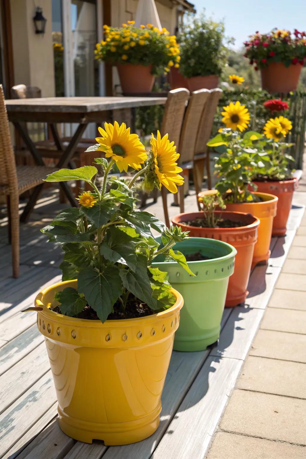 Vivid ceramic pots bring life and color to patio spaces.