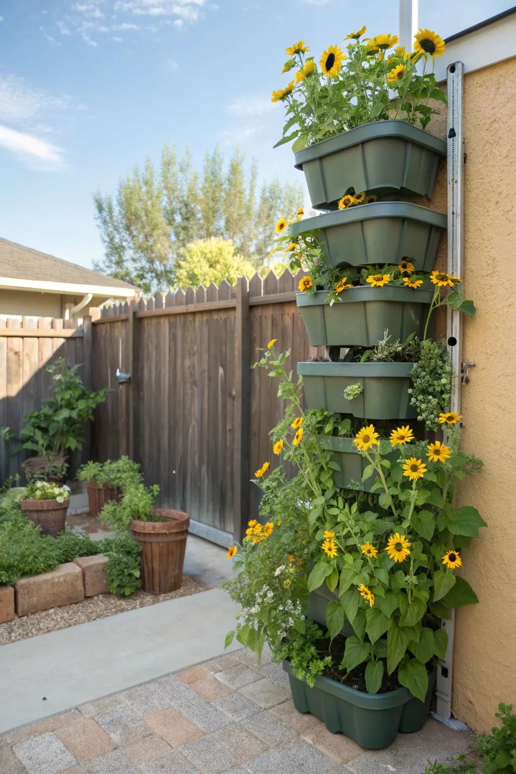 Vertical gardens transform walls into living art with sunflowers.
