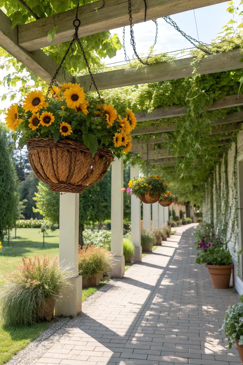 Hanging baskets create a surprising vertical display for sunflowers.