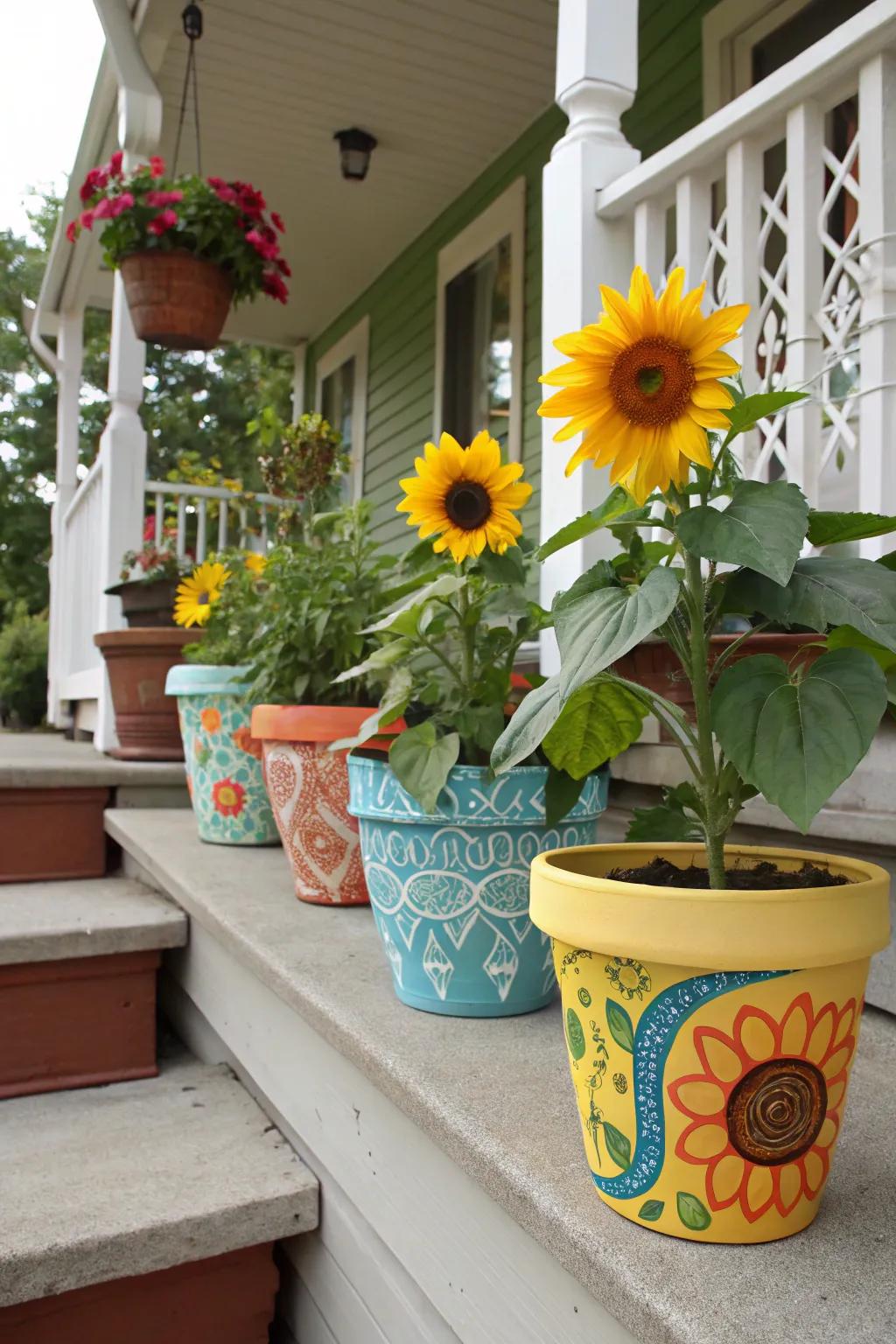 Painted pots add a personal touch and creativity to sunflower displays.