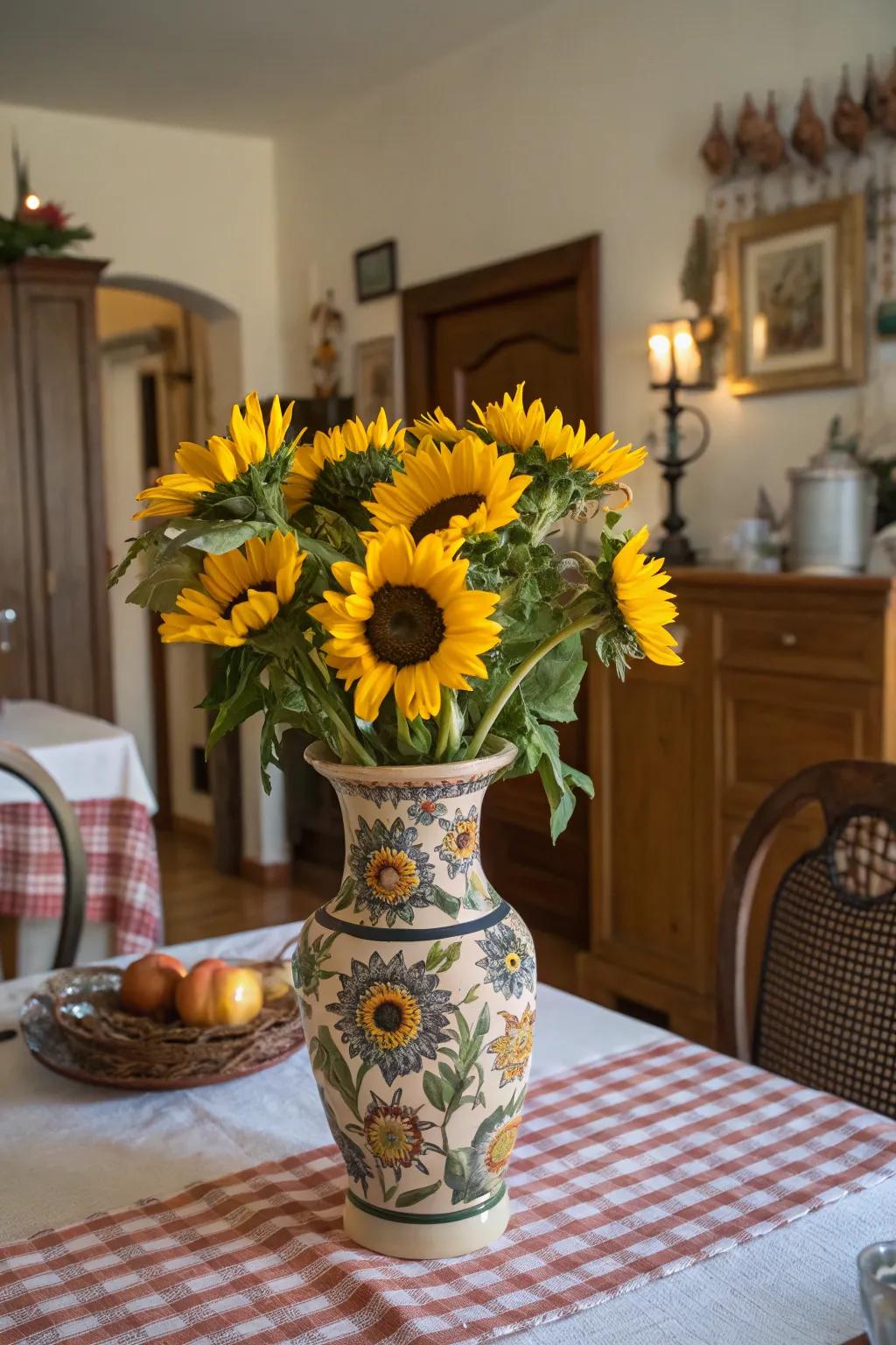 Sunflowers in a vase bring outdoor charm indoors.