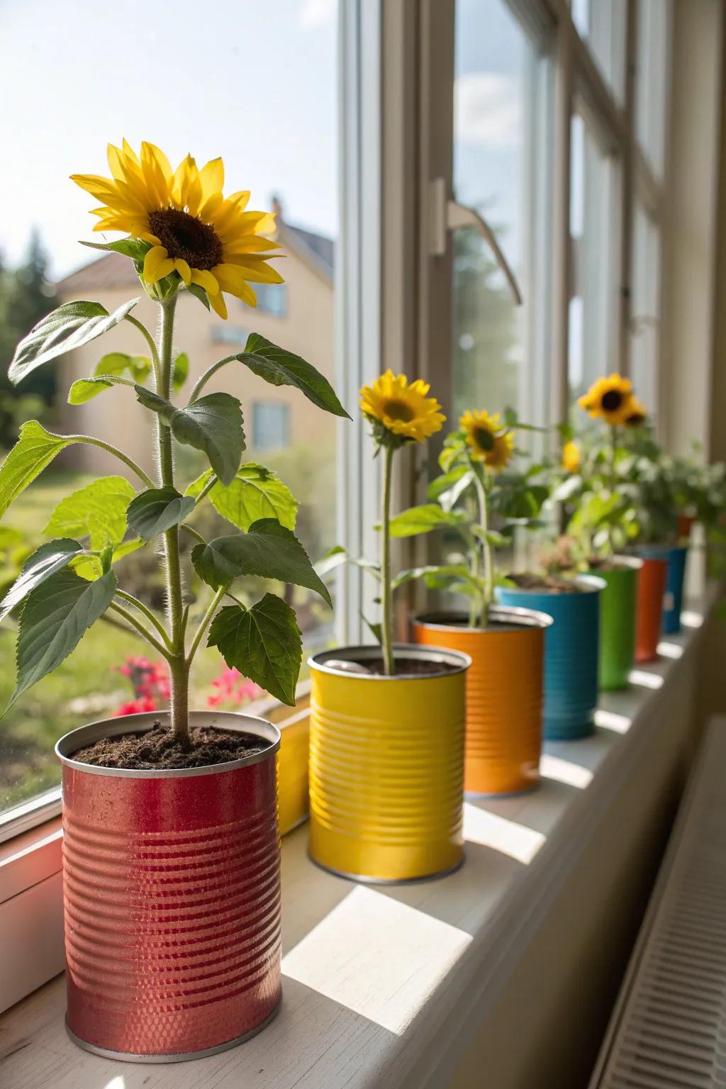 Recycled tin cans make eco-friendly and quirky sunflower planters.