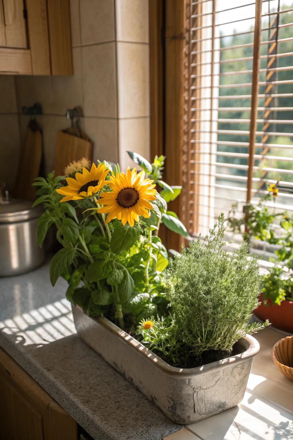 Sunflowers paired with herbs provide beauty and culinary use.