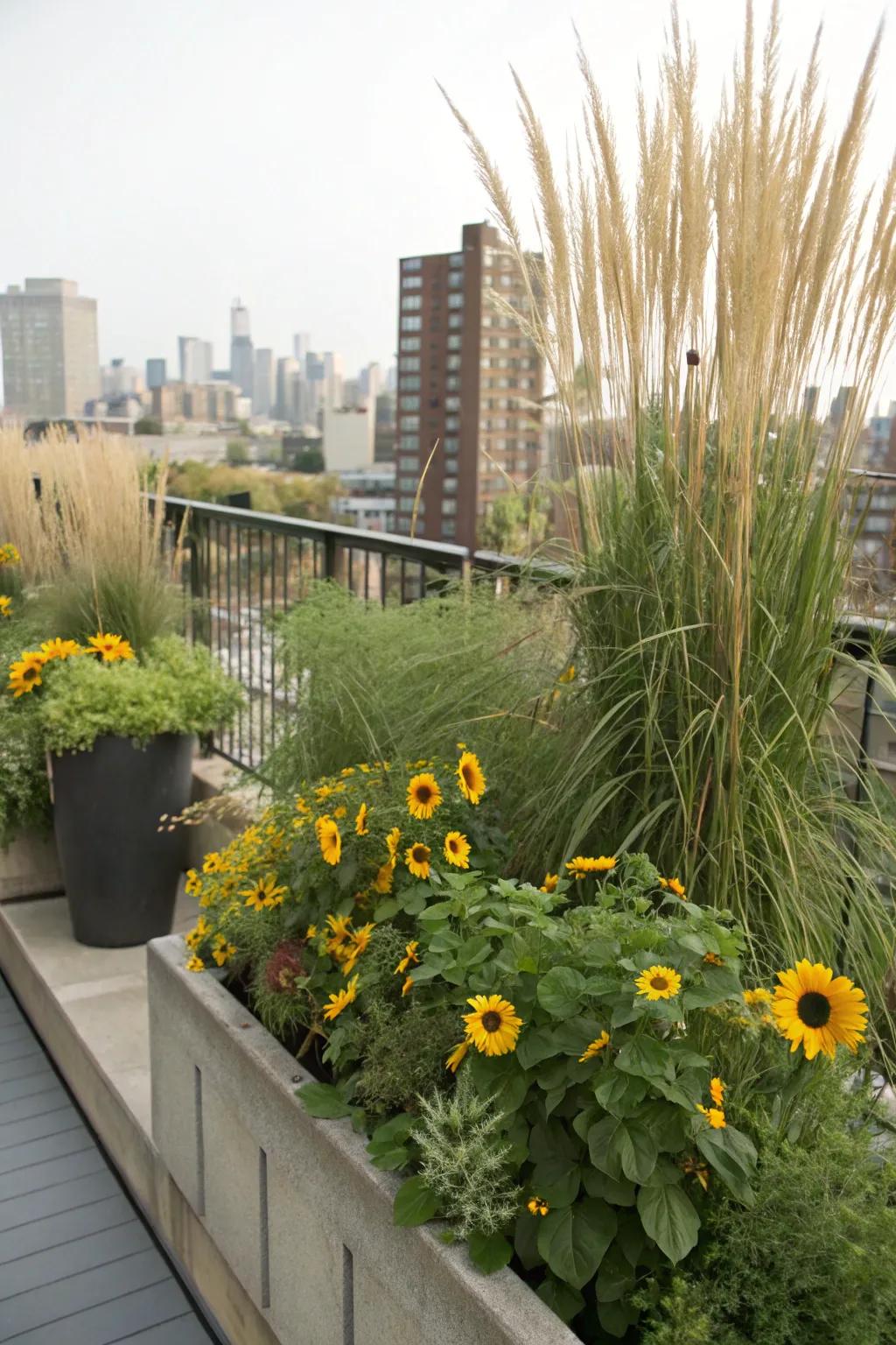 A compact urban jungle with sunflowers and grasses adds instant greenery.