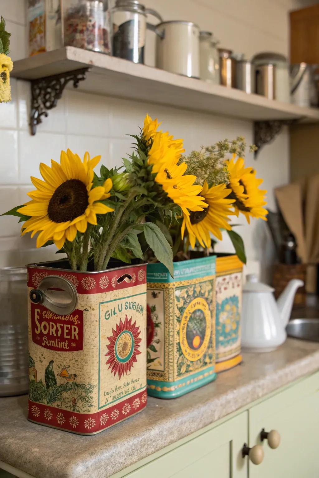 Vintage tea tins offer a charming and nostalgic touch to sunflower displays.