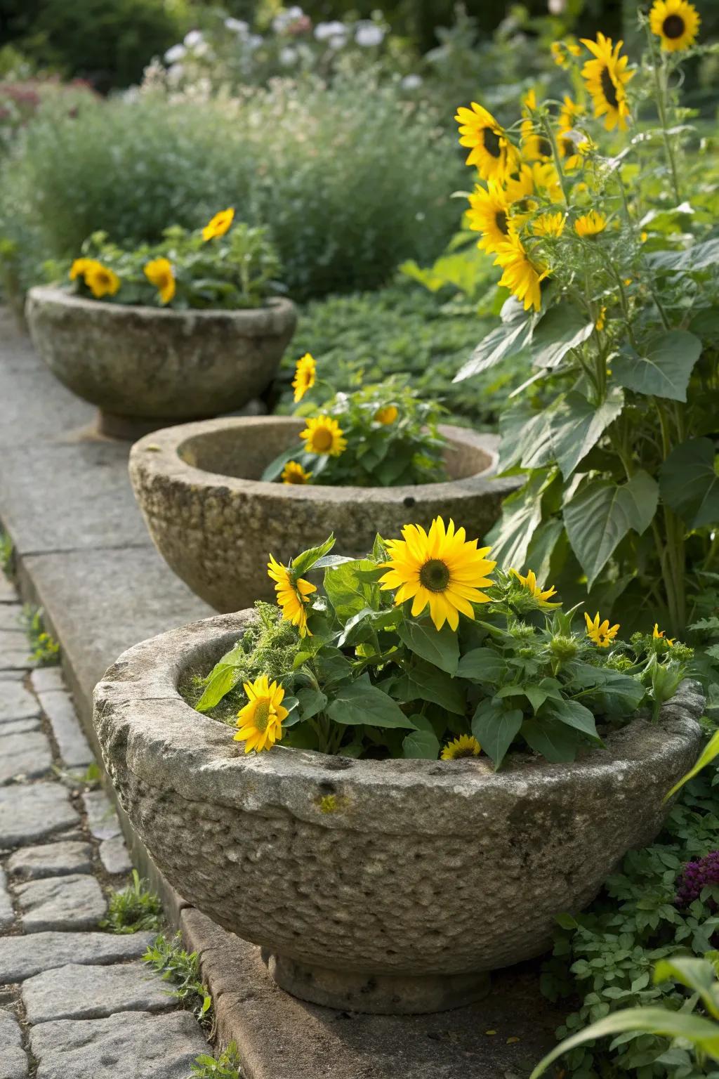 Natural stone bowls offer an earthy and grounded look for sunflowers.