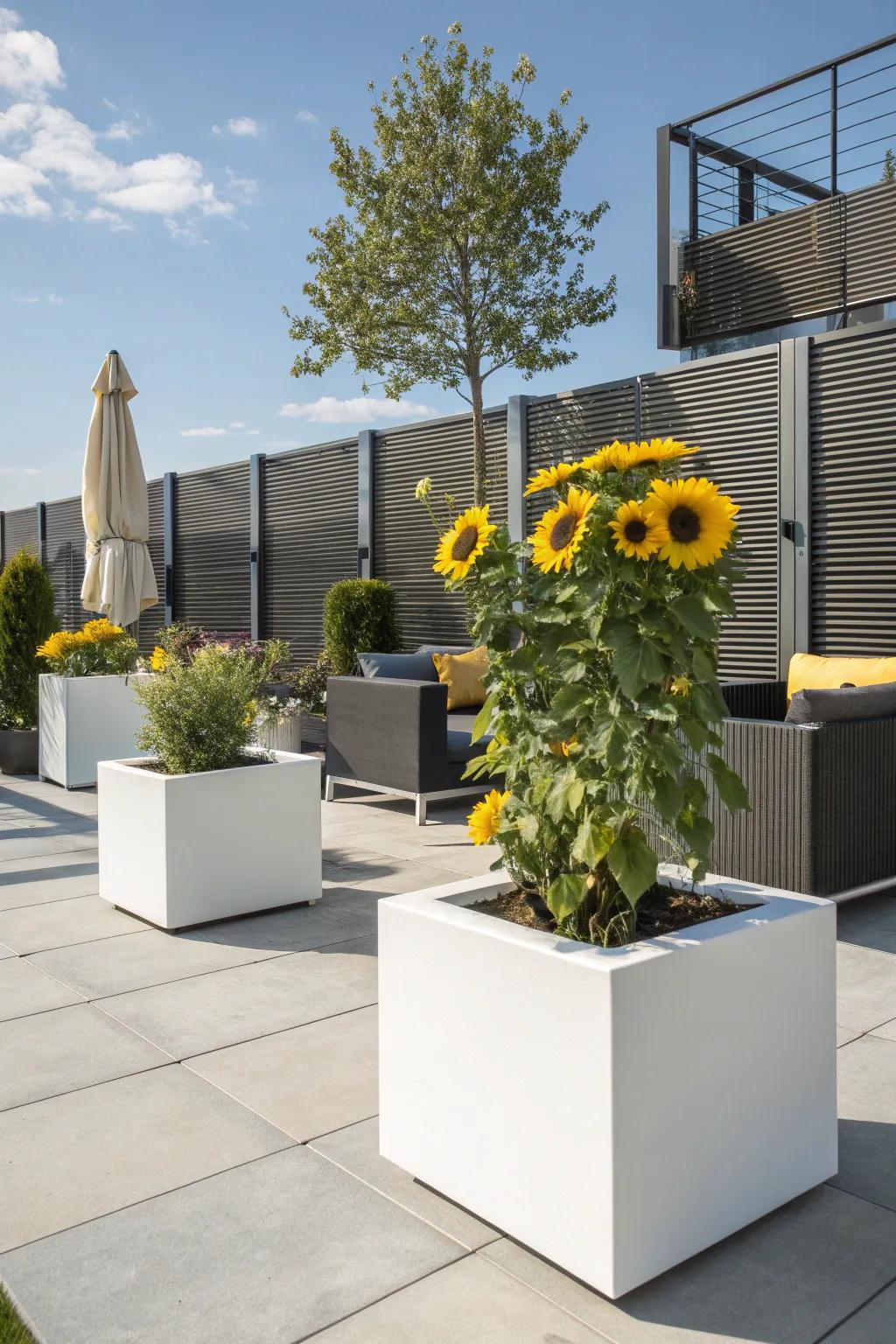 Sleek cube planters add a modern touch to sunflower arrangements.