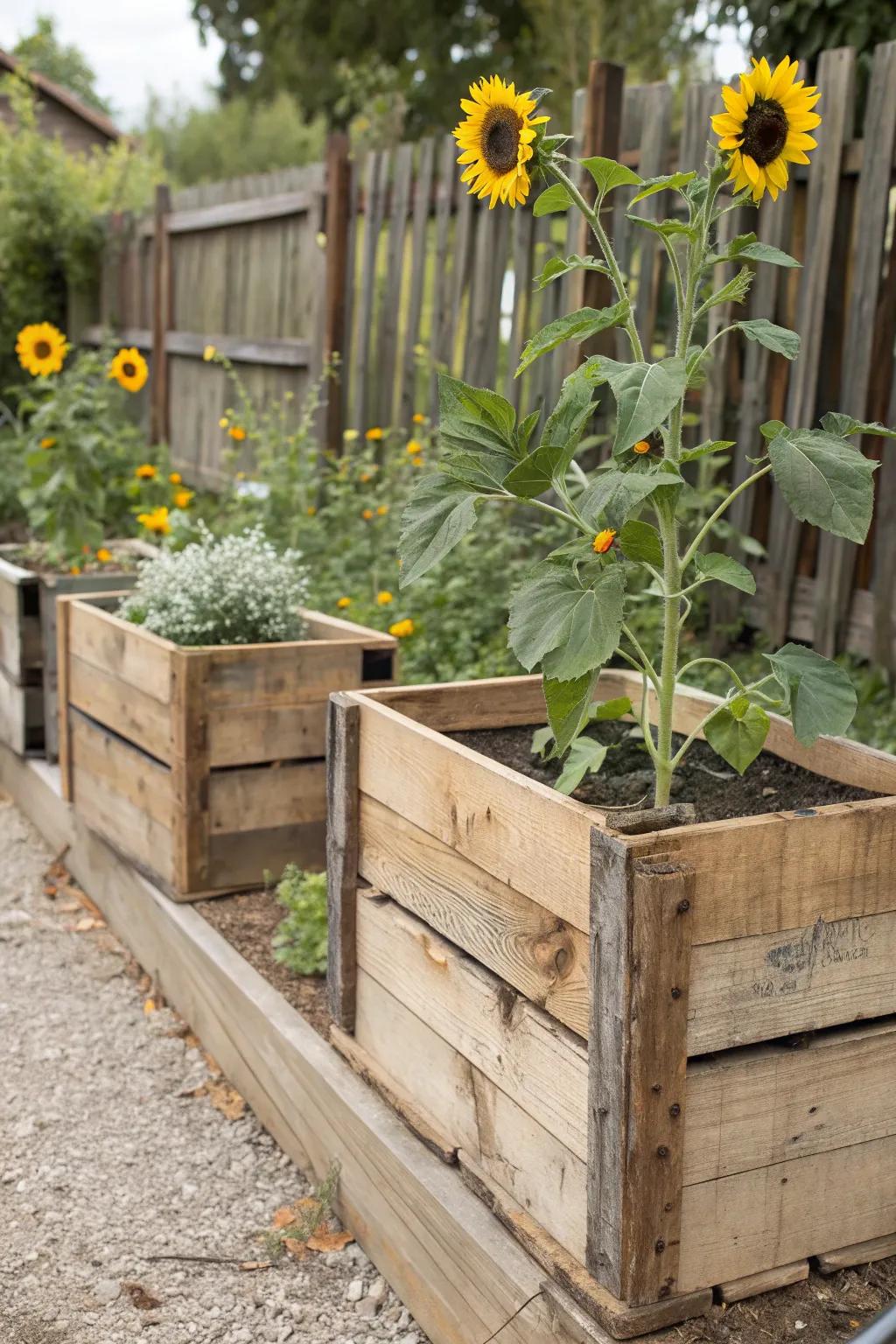 Reclaimed wood boxes offer a rustic and sustainable option for sunflower planting.