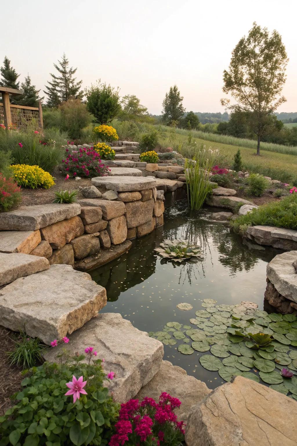 Natural stone retaining walls lend a rustic charm to this serene pond setting.
