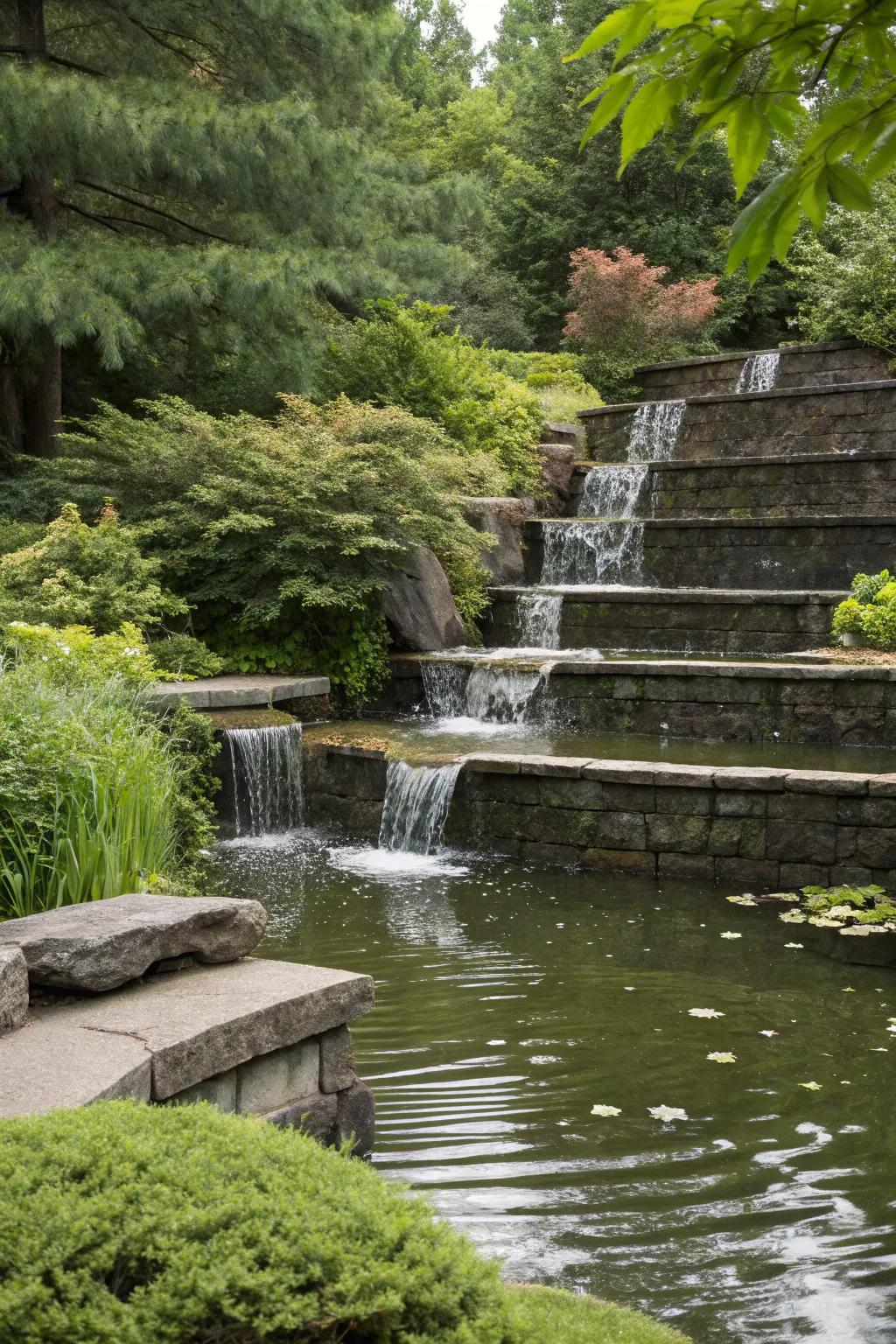 Tiered retaining walls create a beautiful cascading waterfall effect.