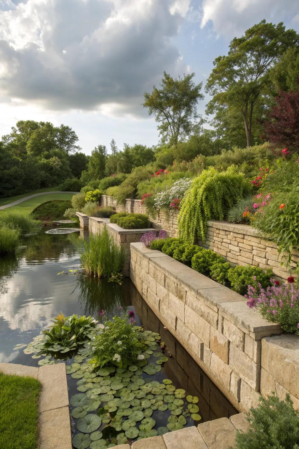 Greenery integration softens the structure of retaining walls, creating a harmonious blend with nature.