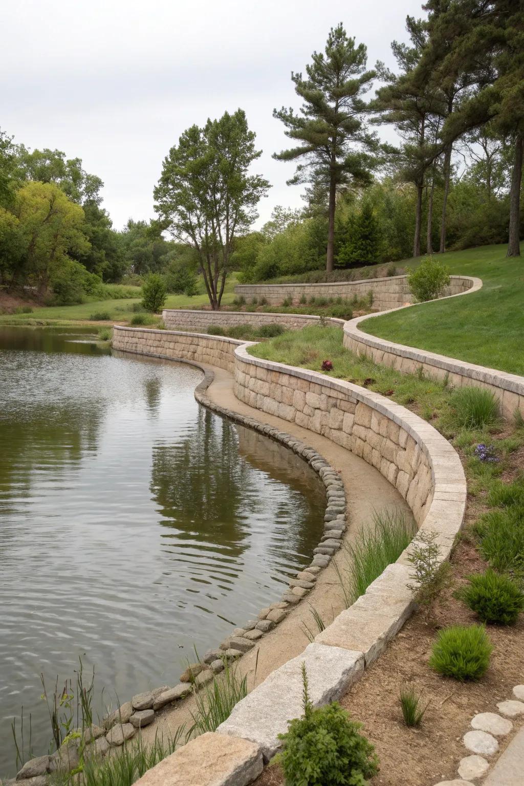 Curved retaining walls enhance the natural beauty and elegance of a pond.